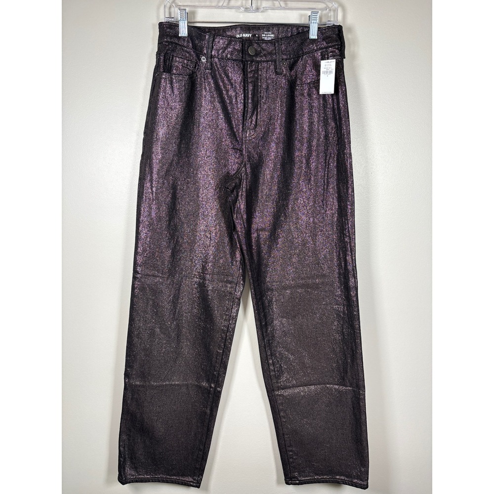 Old Navy Women High Rise OG Loose Black Shine Metallic Jean Size 6 NWT Glam Edgy